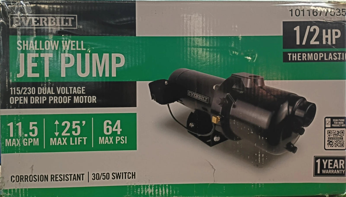 Everbilt 1/2 HP Thermoplastic Shallow Well Jet Pump 1011677535 Open Box