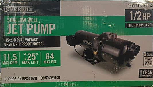 Everbilt 1/2 HP Thermoplastic Shallow Well Jet Pump 1011677535 Open Box