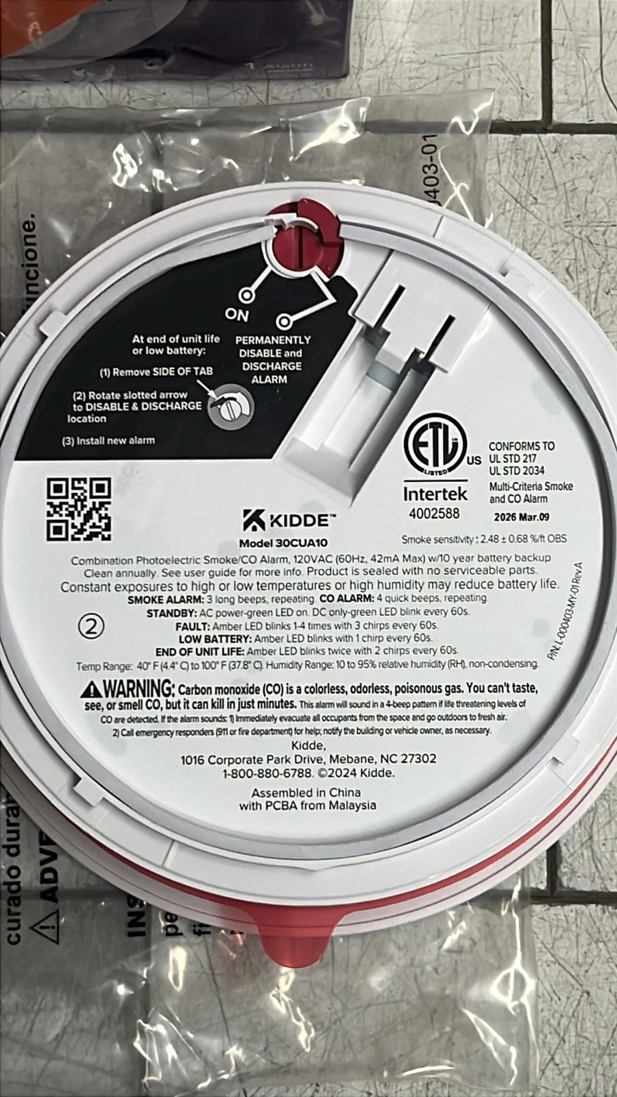 Kidde 30CUA10 10yr Combination Photoelectric Smoke CarbonMonoxide Alarm Hardwire