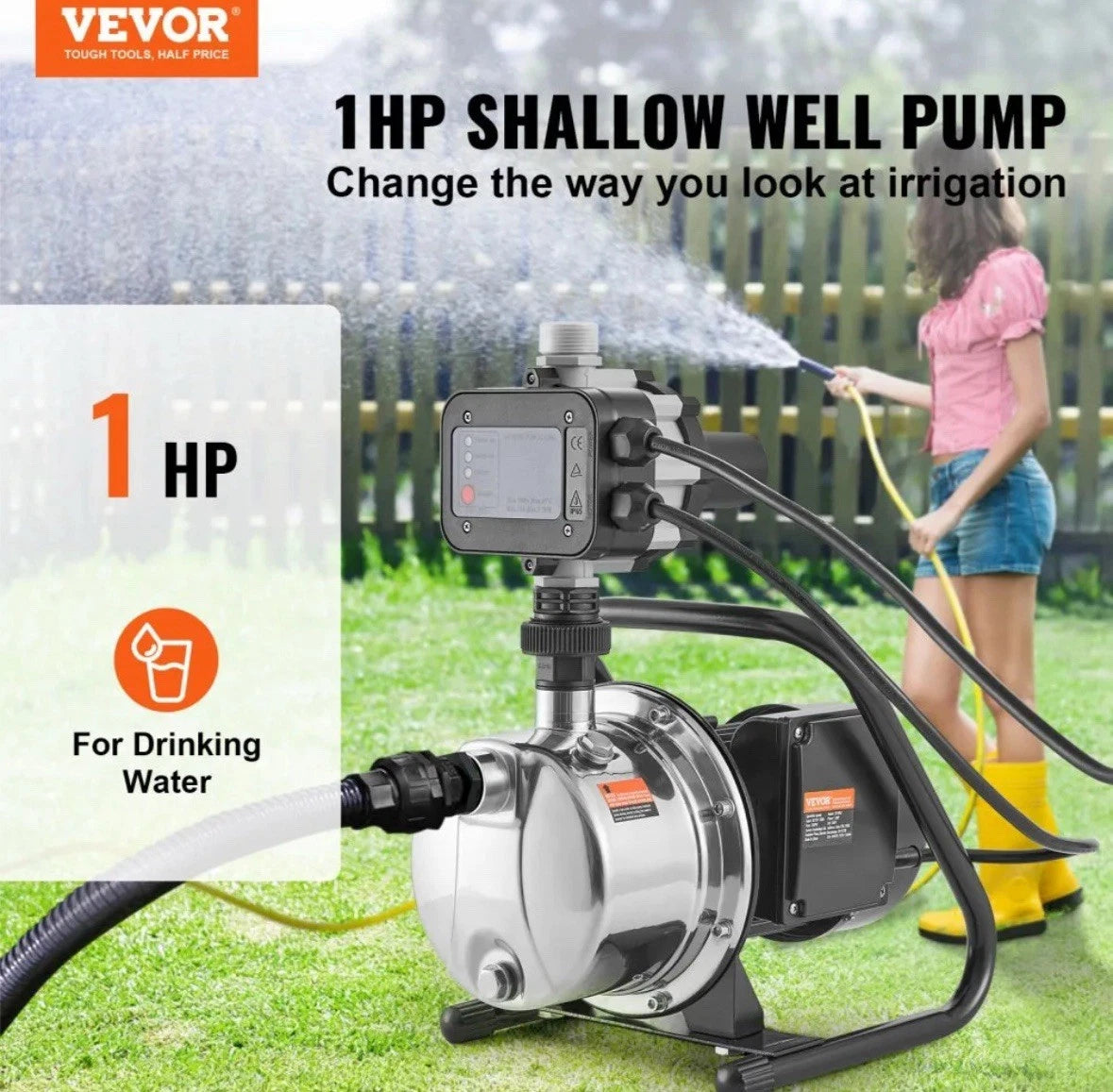 VEVOR Shallow Well Pump, 1HP 115V, 1200 GPH 145 ft Head…