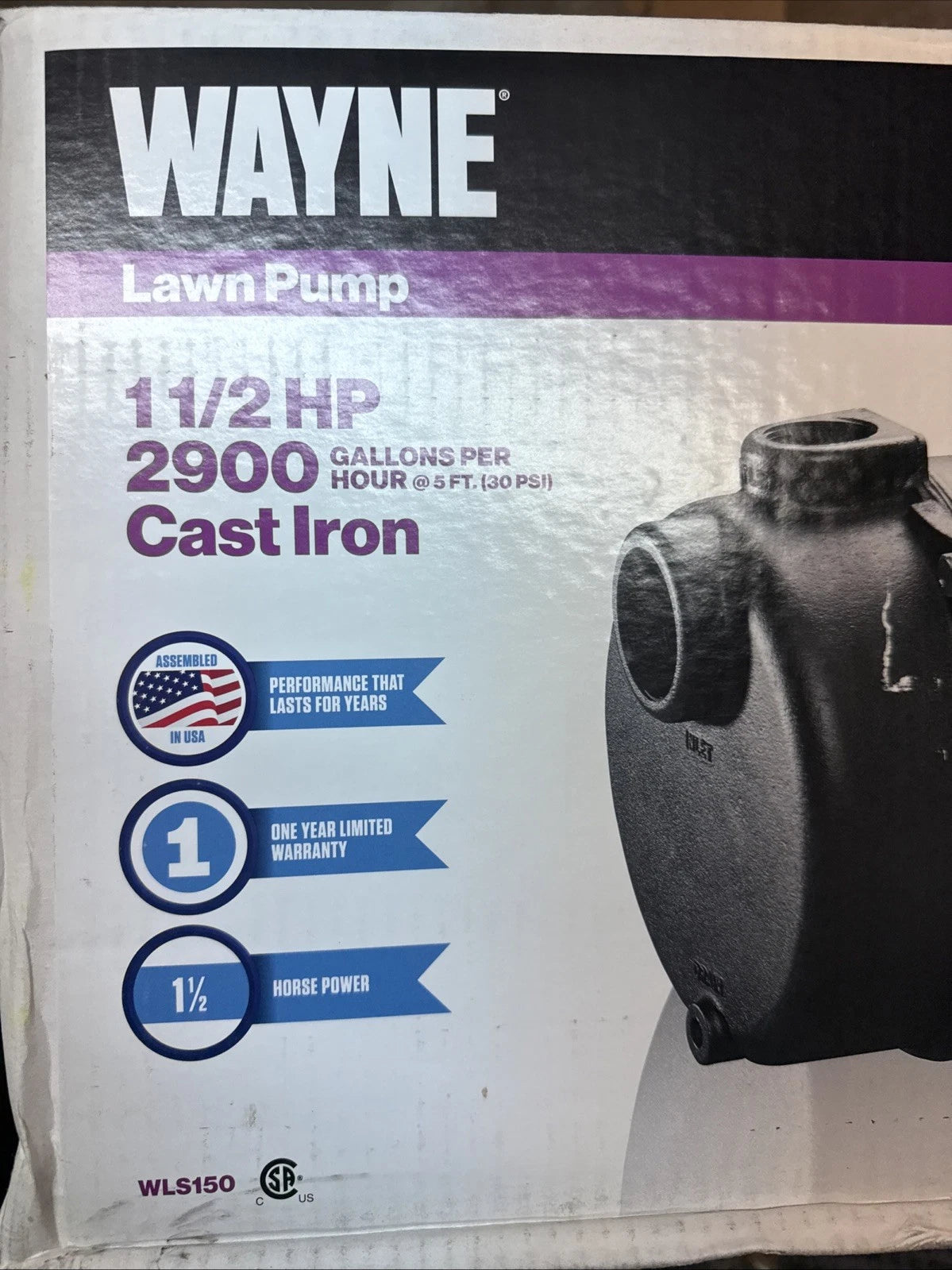 Wayne WLS150 1-1/2 HP Cast Iron Quick-Prime Lawn-irrigation Sprinkler Pump. NOB