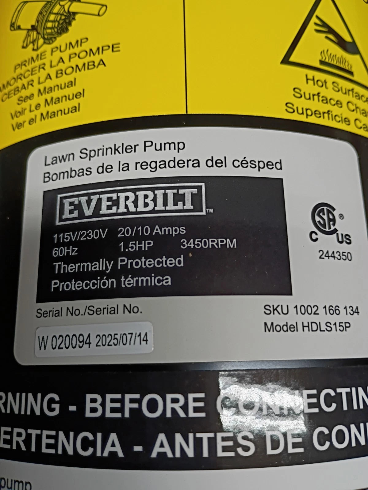 Everbilt HDLS15P, Lawn Irrigation Pump Plastic 1-1/2HP 52-GPM, Open Box,