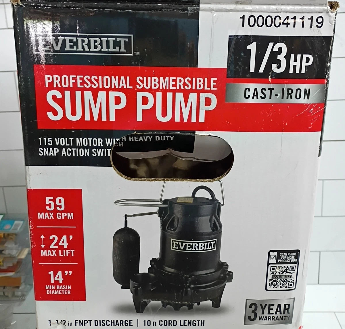 Everbilt 1000041119 1/3 HP Cast Iron Submersible Sump Pump New Open Box