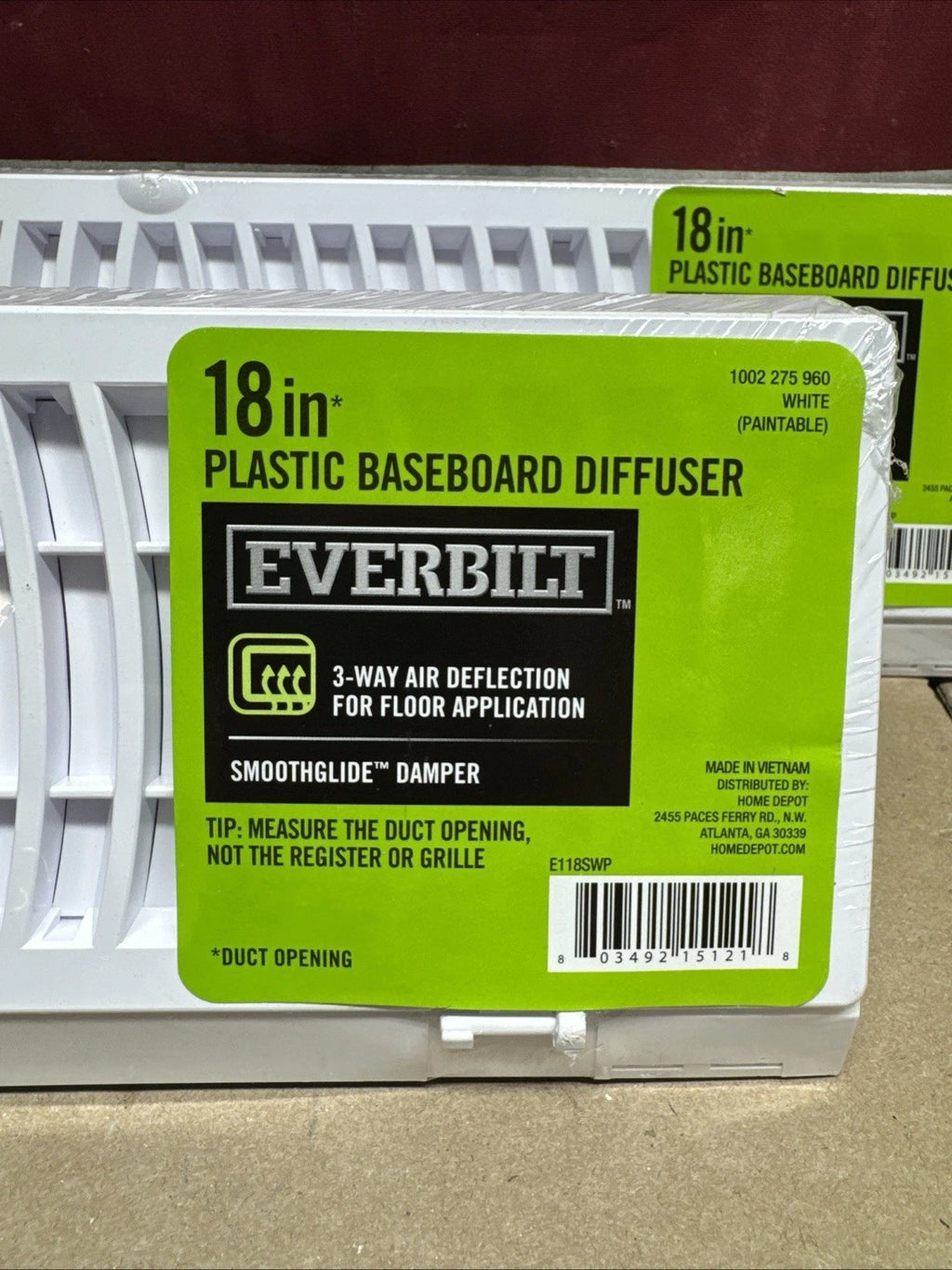 2PK Everbilt 18 in. 3-Way Plastic Baseboard Diffuser Supply - White.