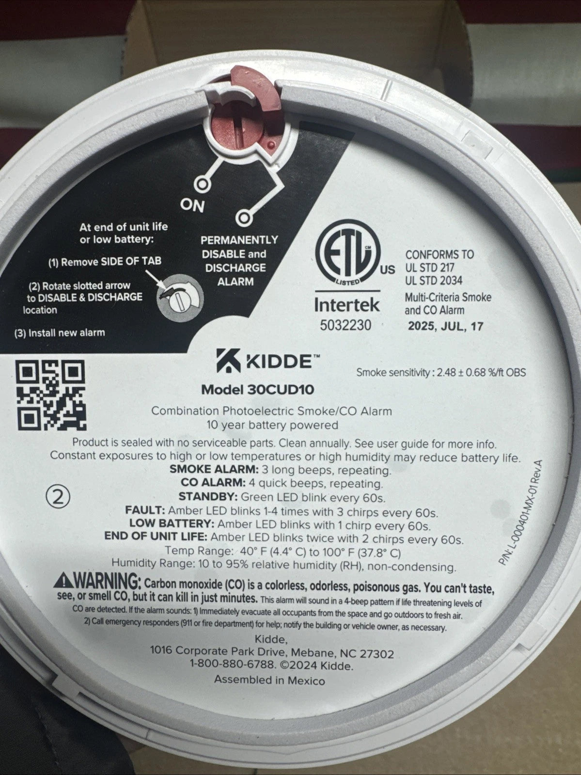 Kidde Smoke & CO Detector, 10-Year Battery, LED Warning Indicators 30CUD10,