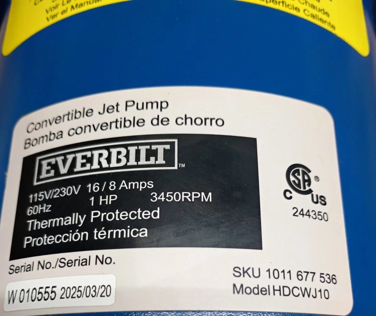 Everbilt 1 HP Professional Convertible Jet Pump. Read Description Used READ