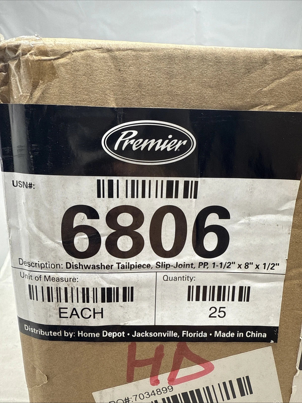LOT OF 25 Premier 6806 Dishwasher Tailpiece Slip-joint , PP, 1-1/2” x 8” x 1/2”