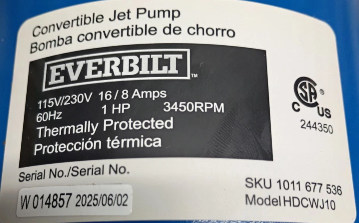 HDCWJ5P Everbilt 1HP Professional Convertible Jet Pump Open Box