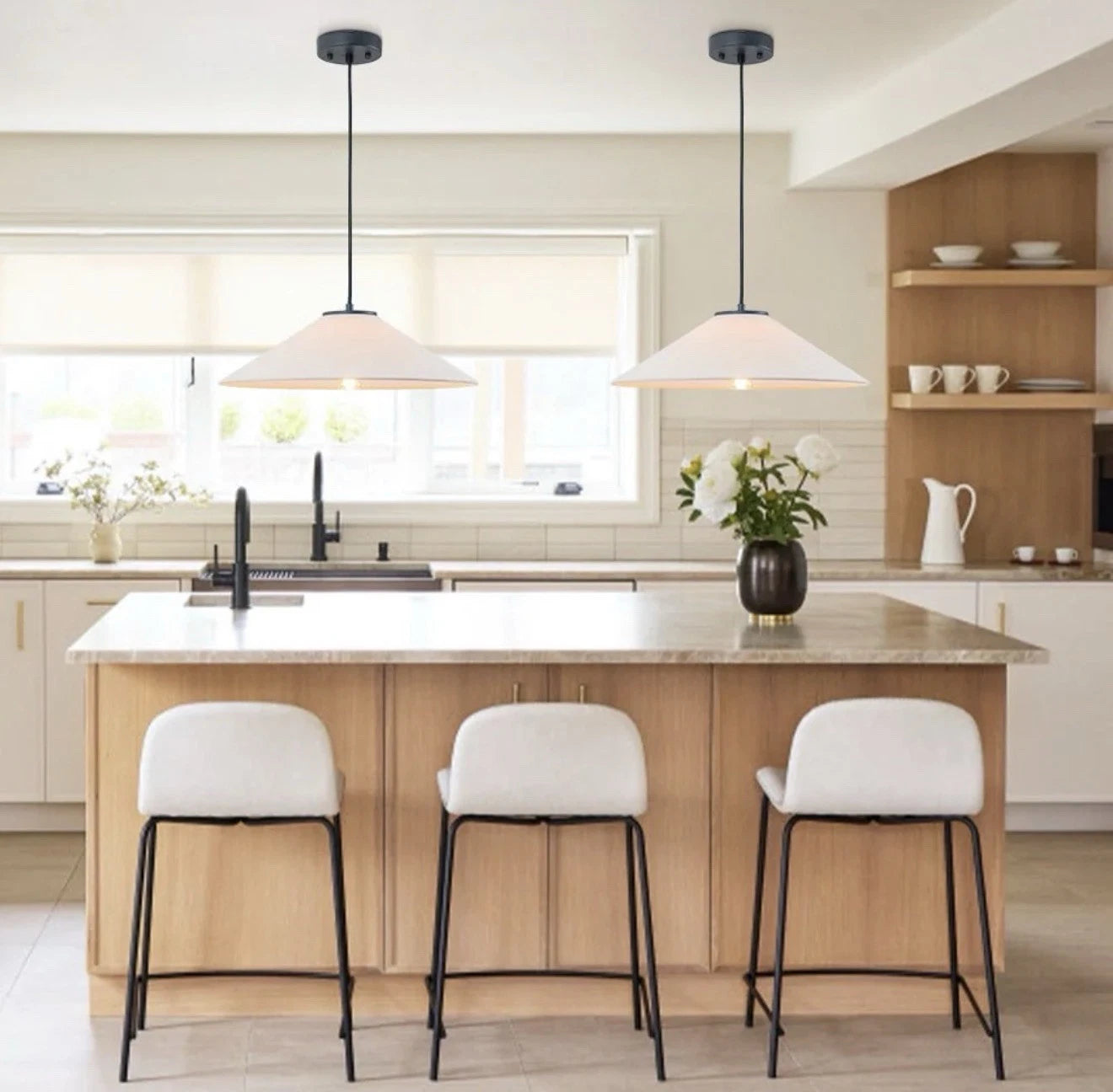 1-Light 25 Inch Large White Linen Shallow Conicle Cage Pendant