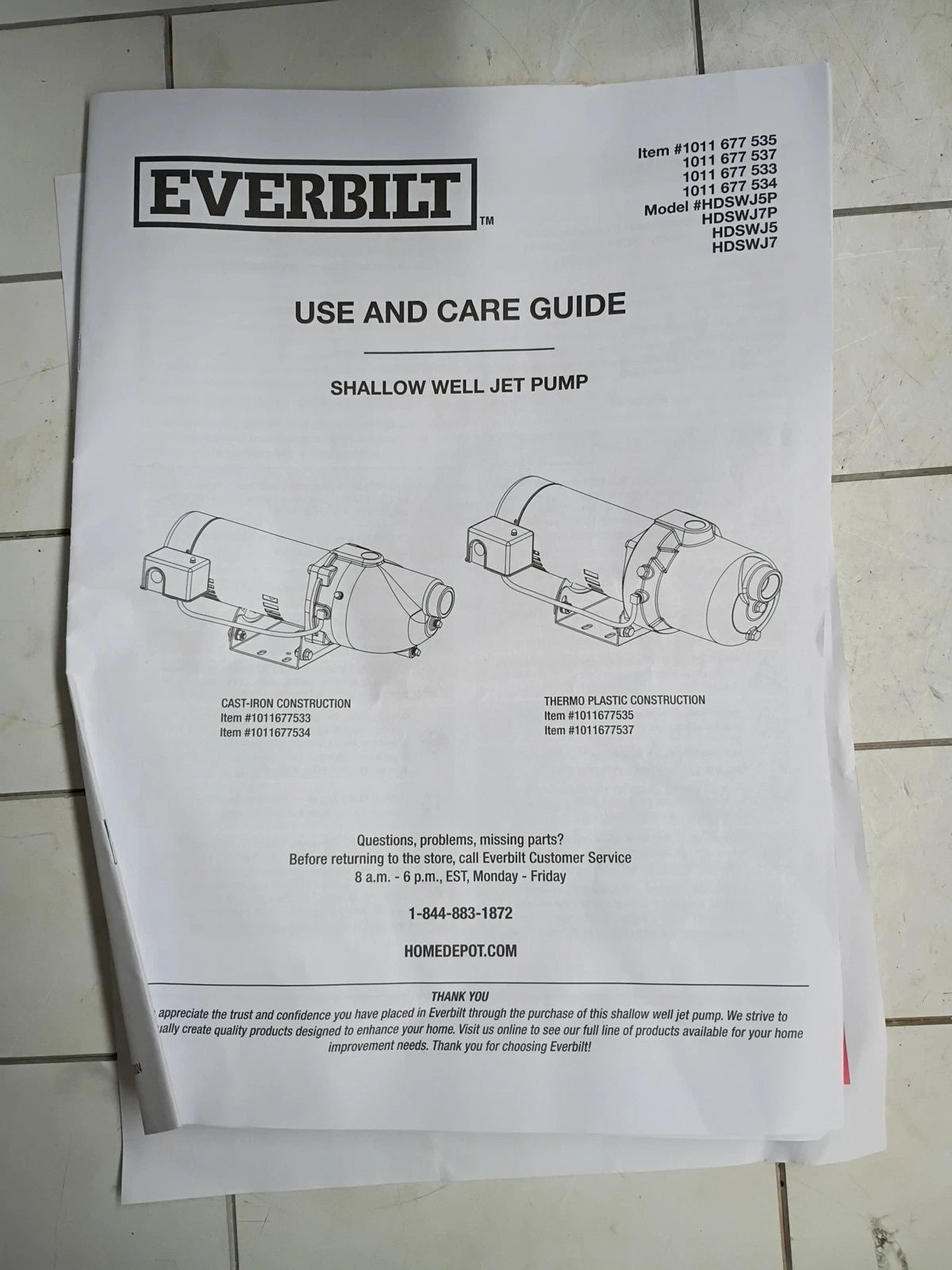 Everbilt HDSWJ5P 1/2 HP Shallow Well Jet Pump Open Box