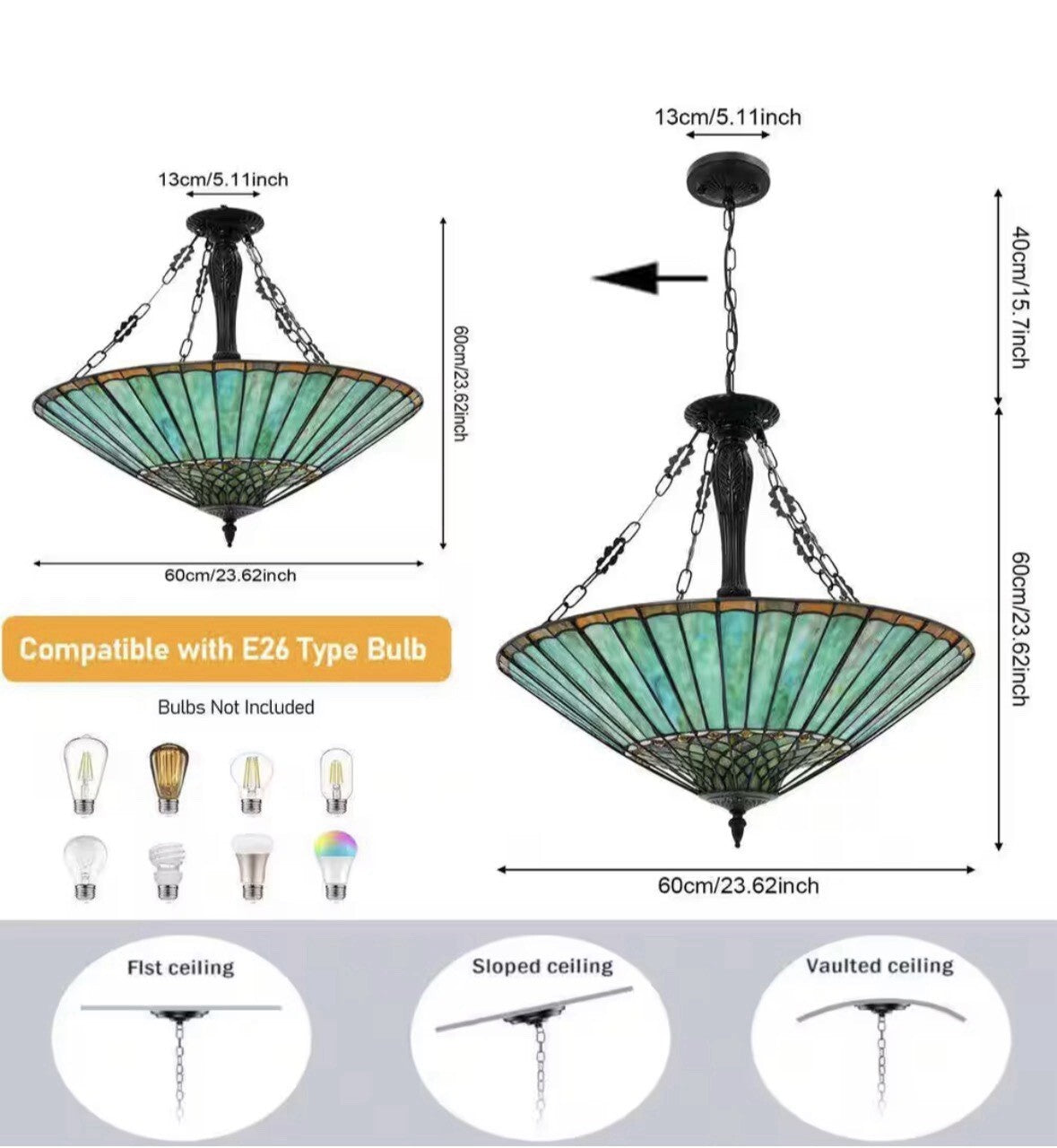23.62 in. 5-Light Emerald Green Vintage Tiffany Shaded Pendant Light with Sta…