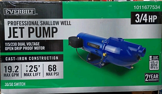 Everbilt 3/4 HP Cast Iron Shallow Well Jet Pump HDSWJ7 as is, For Parts.
