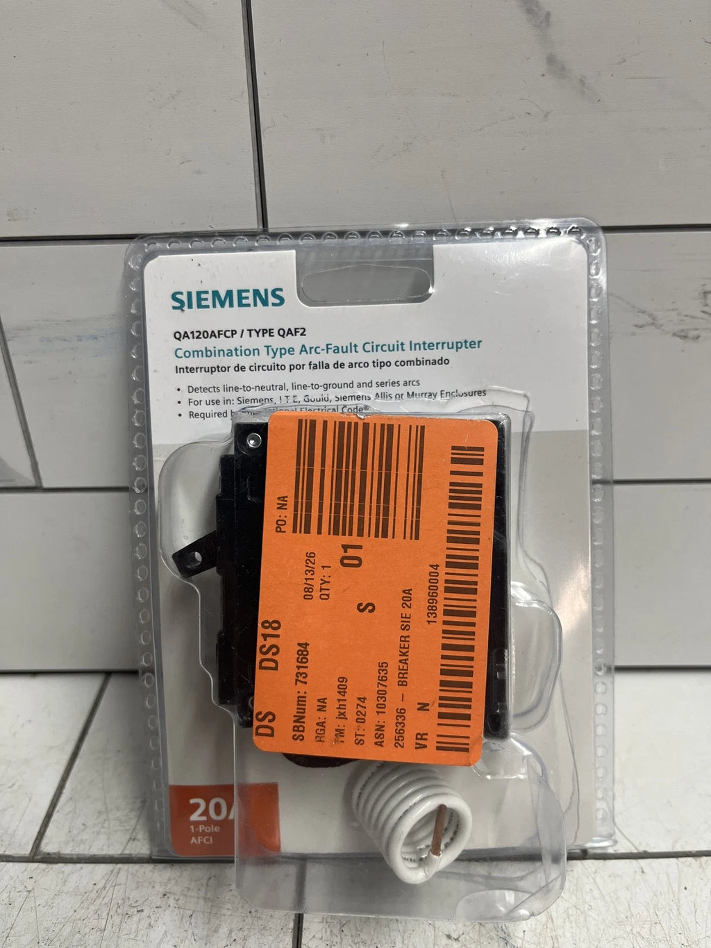 Siemens QA120AFCP Type QAF2 20A 120V 1 Pole Combination AFCI Circuit Breaker