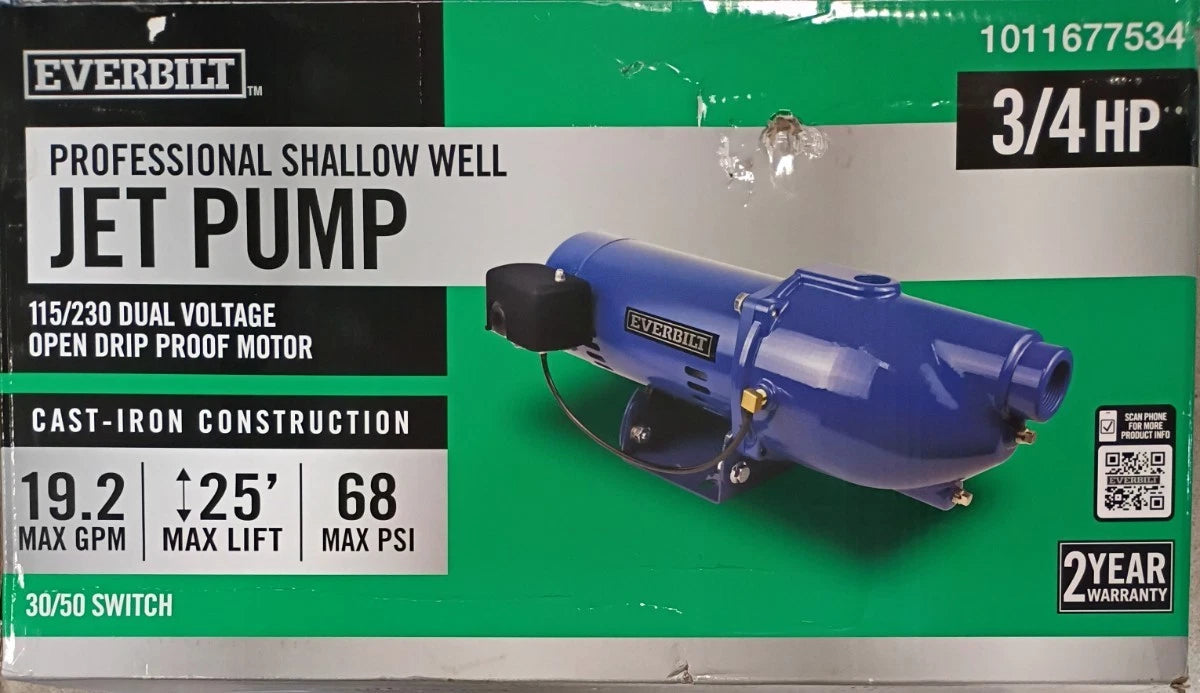 Everbilt 3/4 HP Cast Iron Shallow Well Jet Pump HDSWJ7 as is, *For Parts * Read