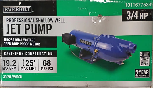 Everbilt 3/4 HP Cast Iron Shallow Well Jet Pump HDSWJ7 as is, *For Parts * Read