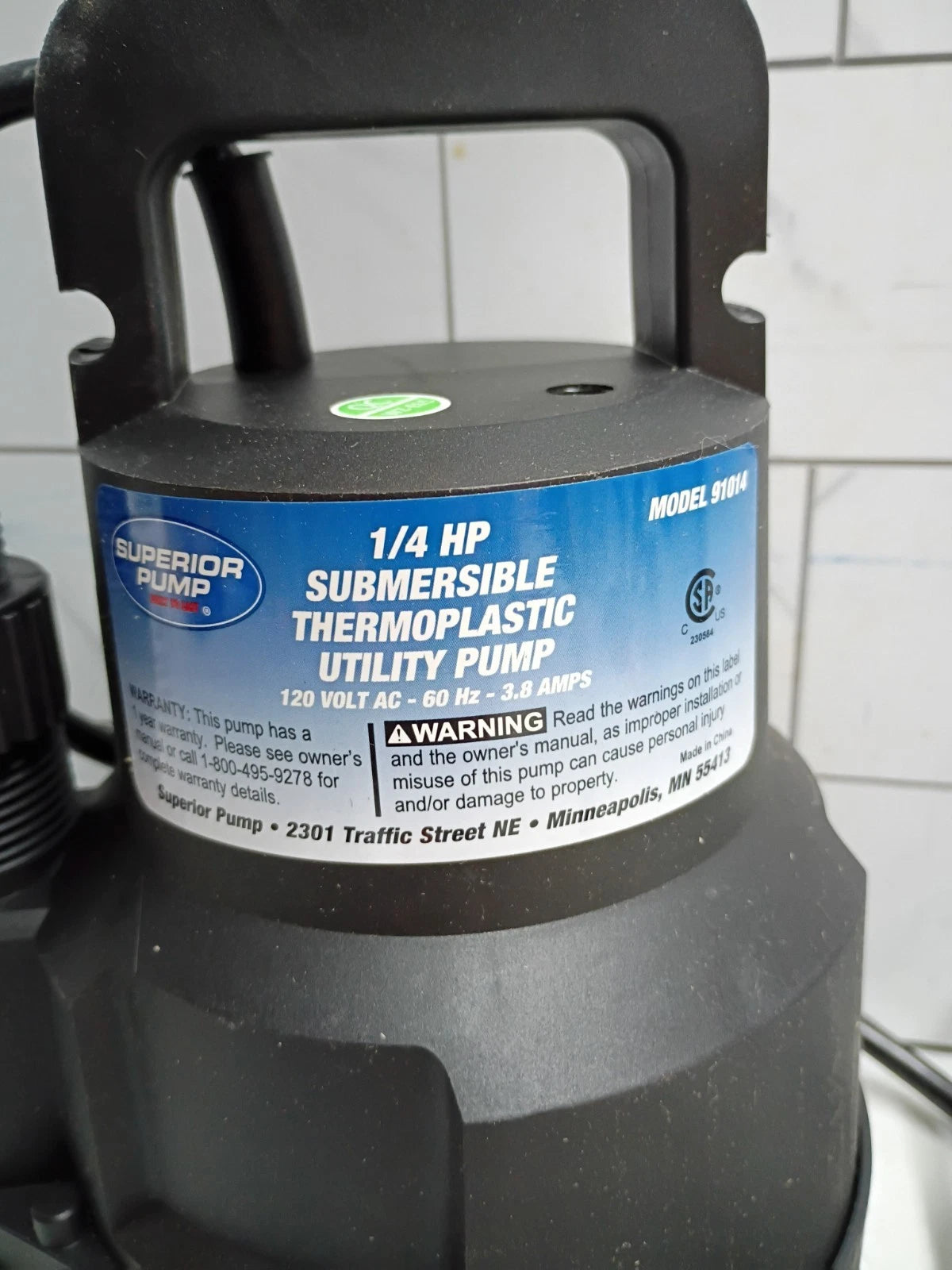 Superior Pump 91014 1/4 HP High Flow Thermoplastic Utility Pump, Black Open Box