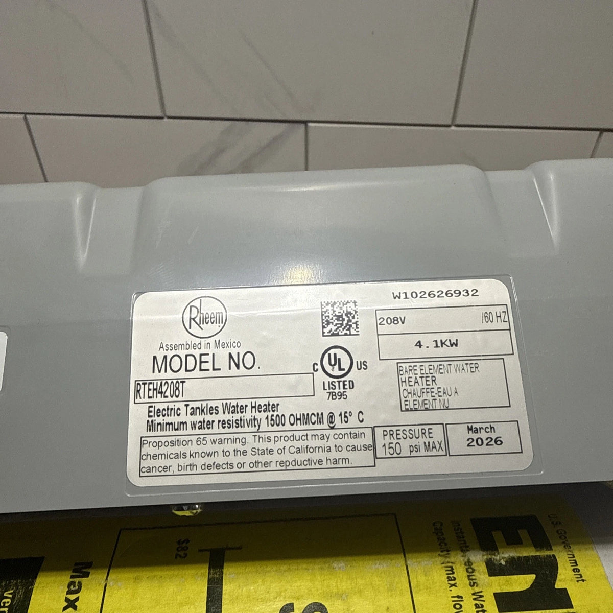 Rheem RTEH2408T 4.1 kW 208v Thermostatic Tankless Electric Water Heater OPEN BOX