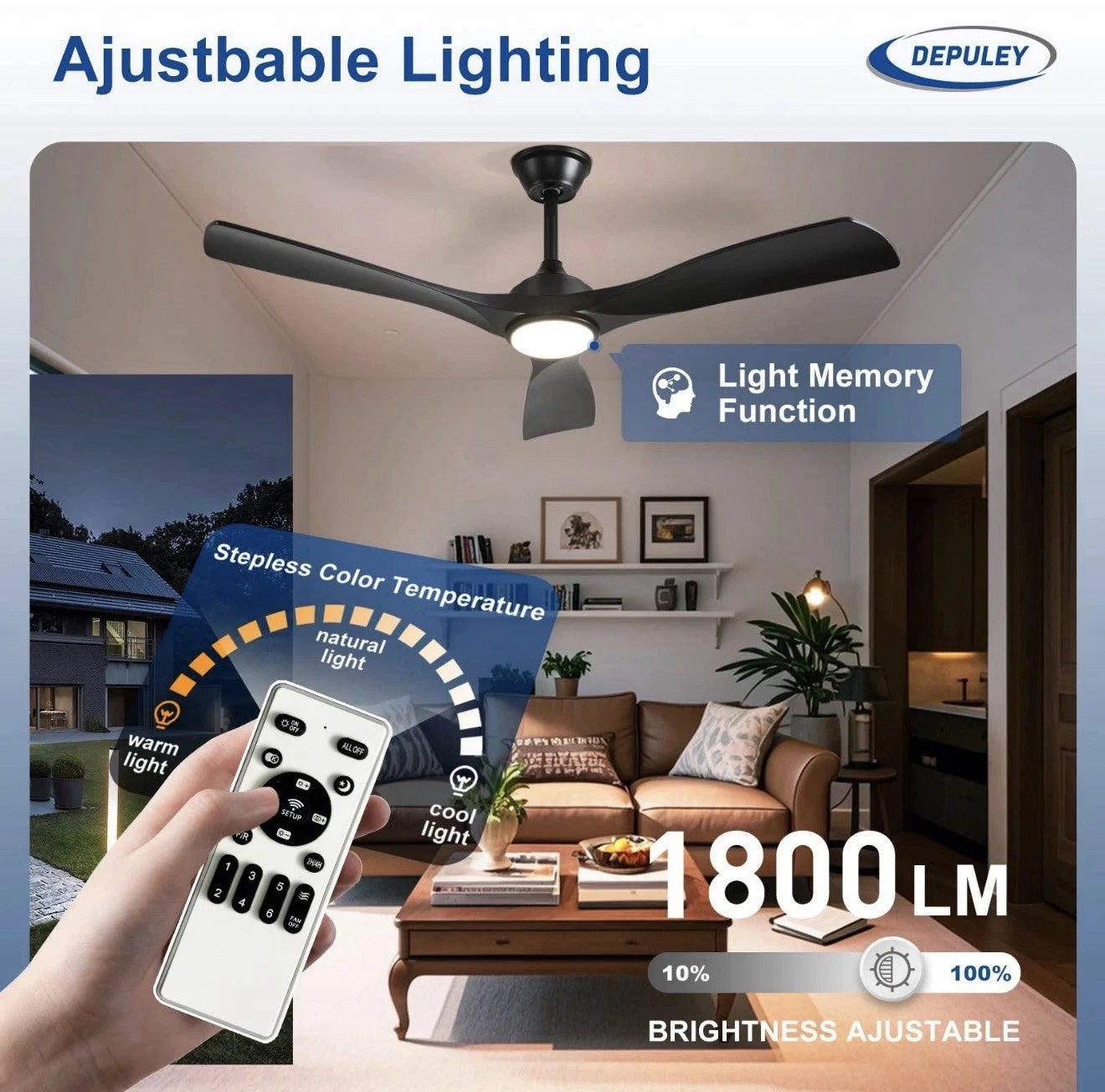 Depuley 52Inch Ceiling Fan with Light Black 3 Blade Outdoor Fans for Patios