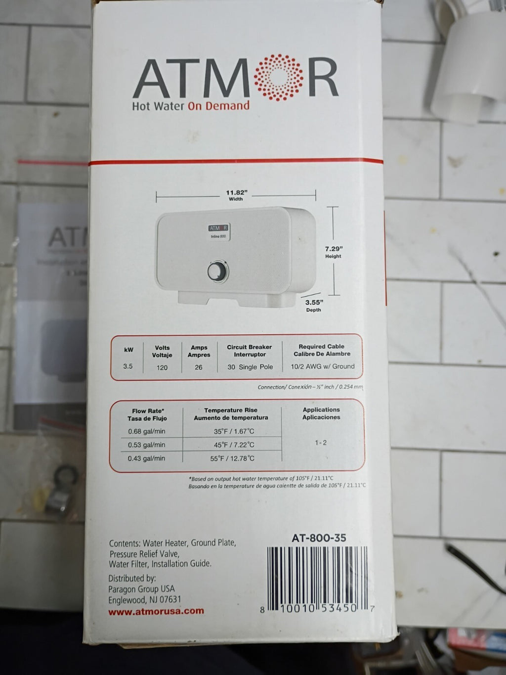 ATMOR AT-800-35: 3.5kW Single Sink Electric Tankless Water Heater 120V 0.5GPM OB