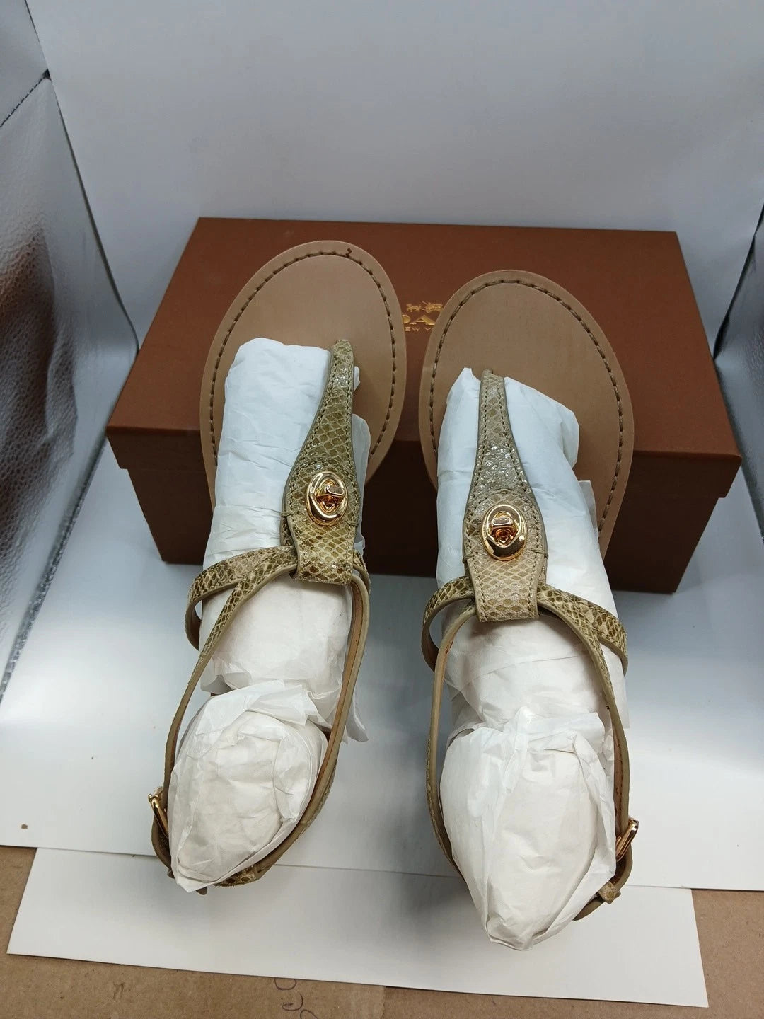 Coach Ingrid Snake Print T-Strap Wedge Sandals Natural Size 7