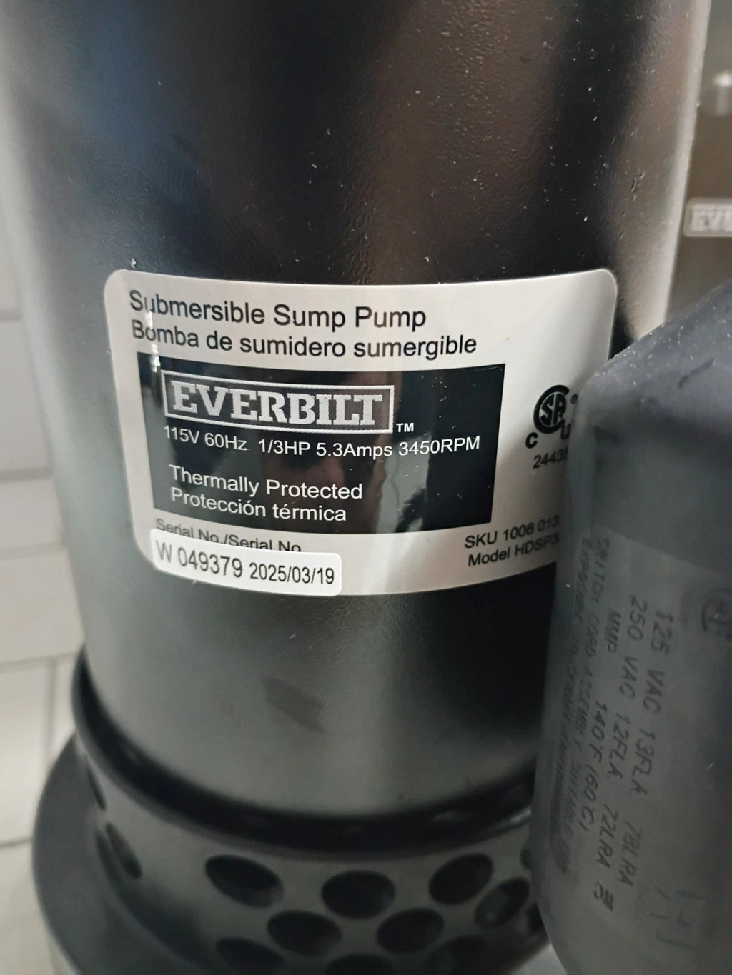 Everbilt 1/3 HP Corrosion Resistant Aluminum Sump Pump w/ Tether Switch OB