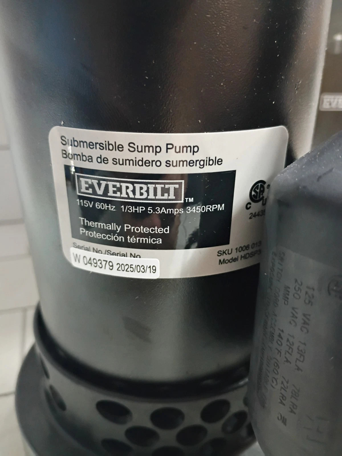 Everbilt 1/3 HP Corrosion Resistant Aluminum Sump Pump w/ Tether Switch OB