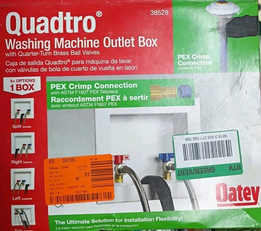 Oatey Quadtro Washing Machine Outlet Box pex crimp 1/4" Turn x 2" Hub 38528--OB