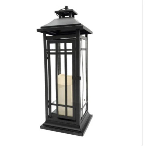 17in. Black Window Battery Operated Metal Lantern With Led Candle Open Box