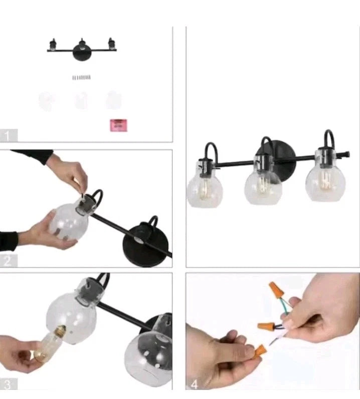 LNC A04099 3-Light 22" Black Bathroom Vanity Light Clear Globe Glass Shades OB