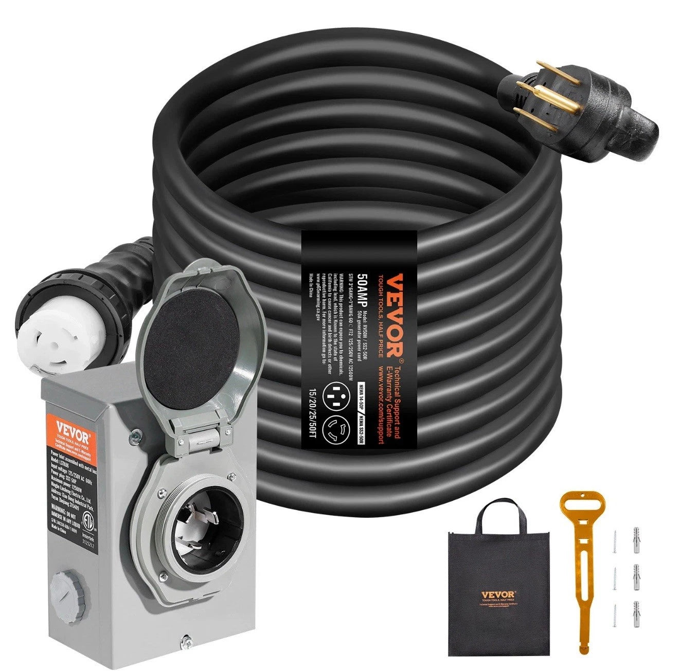 VEVOR 50 Amp Generator Cord and Power Inlet Box 50FT NEMA 14-50P/SS2-50R STW