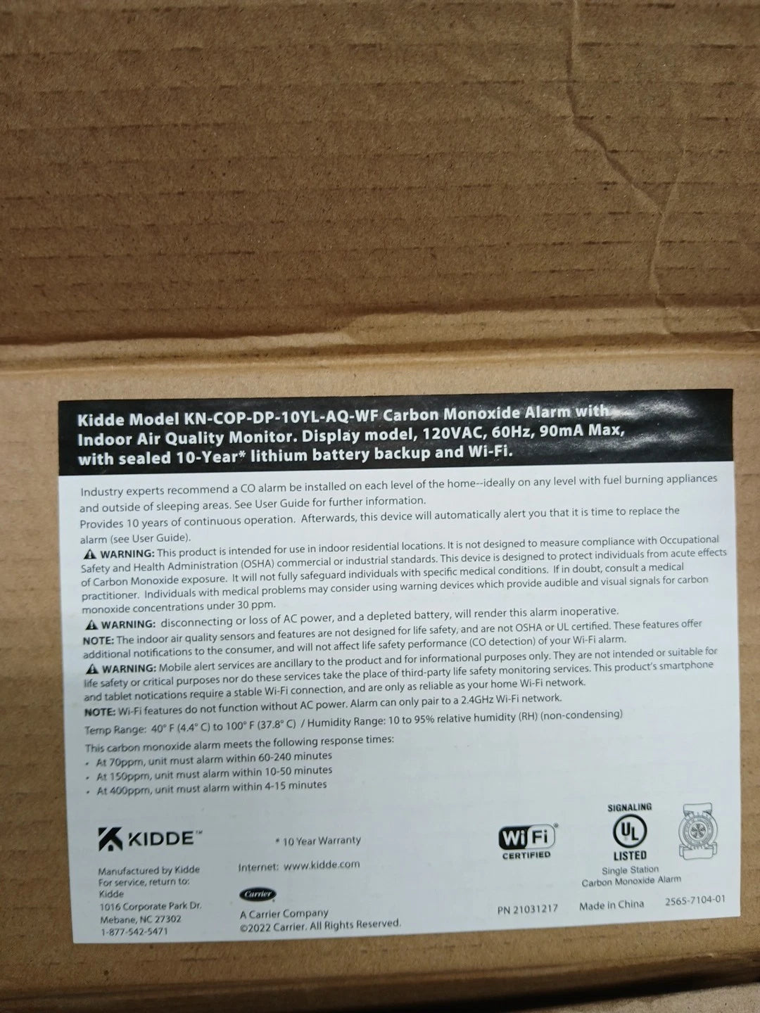 Kidde Carbon Monoxide Alarm with Indoor Air Quality Monitor KN-COP-DP-10YL-AQ-WF