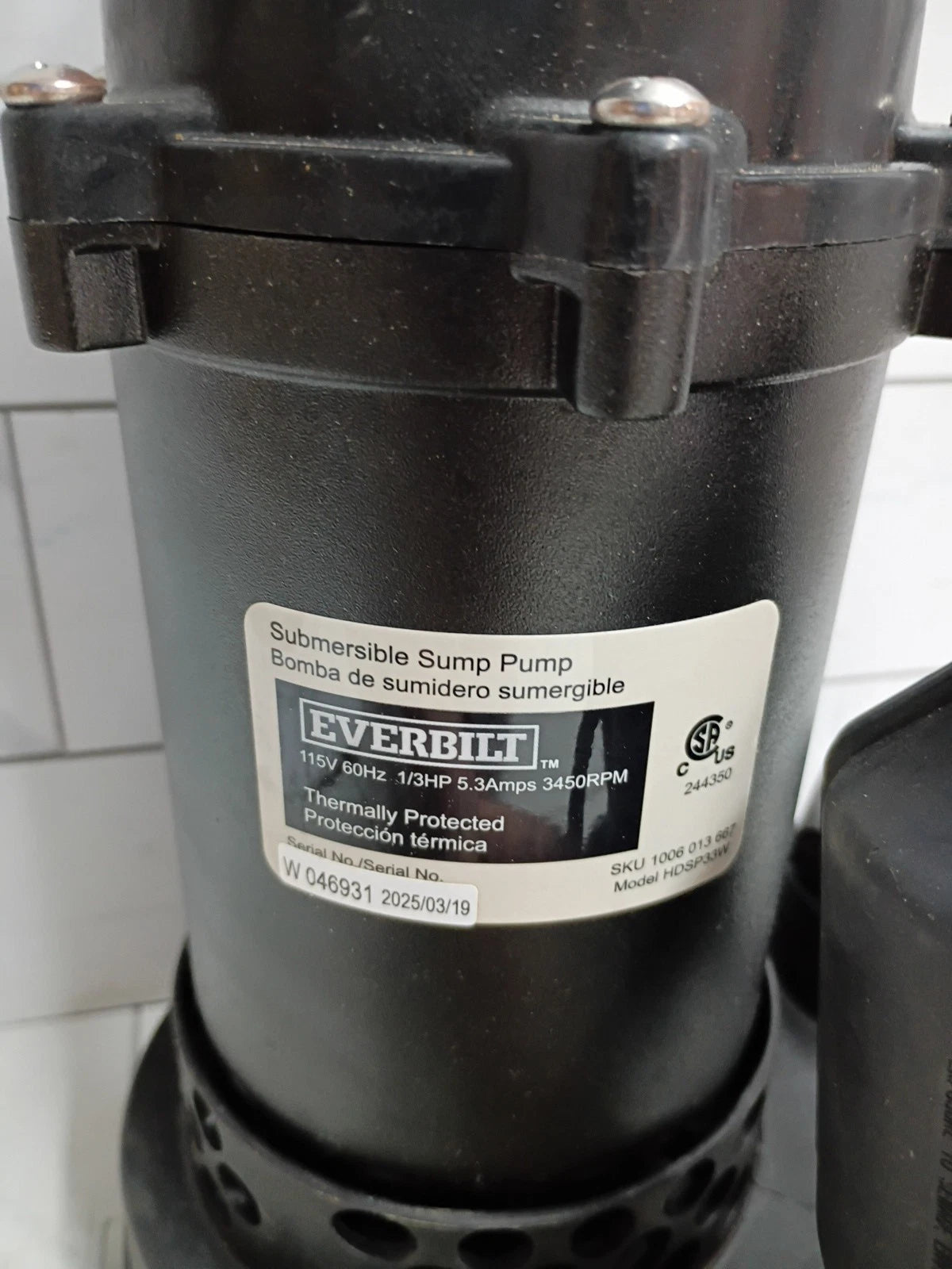Everbilt HDSP33W 1/3 HP Aluminum Sump Pump Tether Switch Open Box