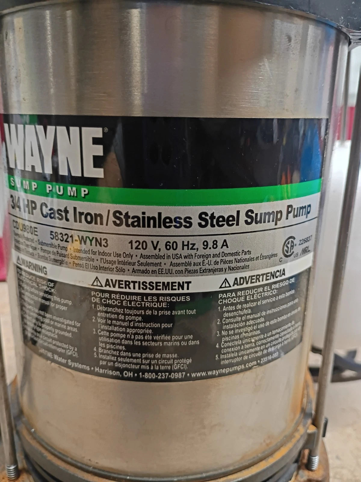 Wayne 58321-WYN3 CDU980E 3/4 HP Cast Iron and Stainless Steel Sump For Parts