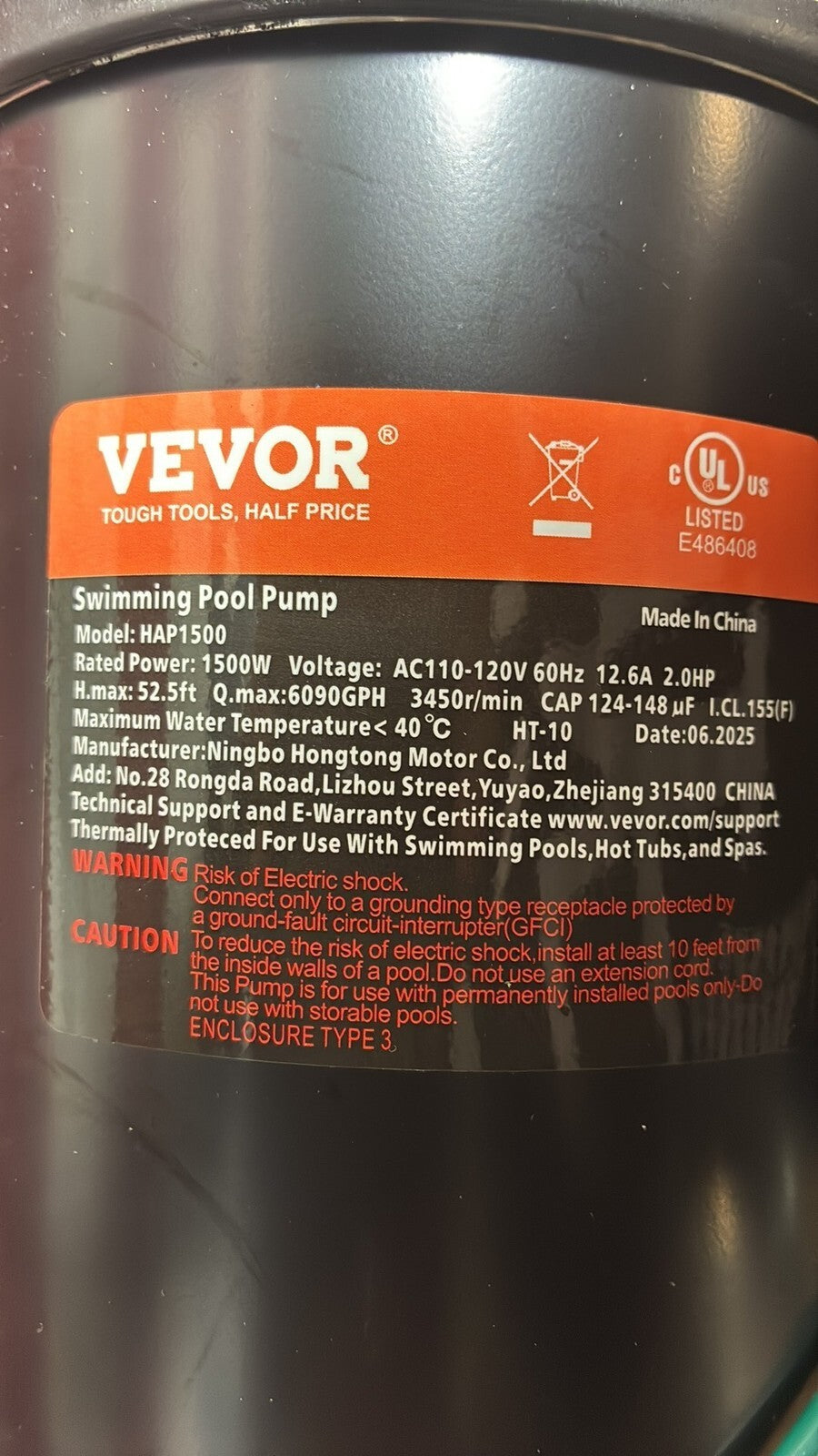 VEVOR HAP1500 SWIMMING POOL PUMP 2.0HP 120V 1500W SINGLE SPEED 5400 GPH