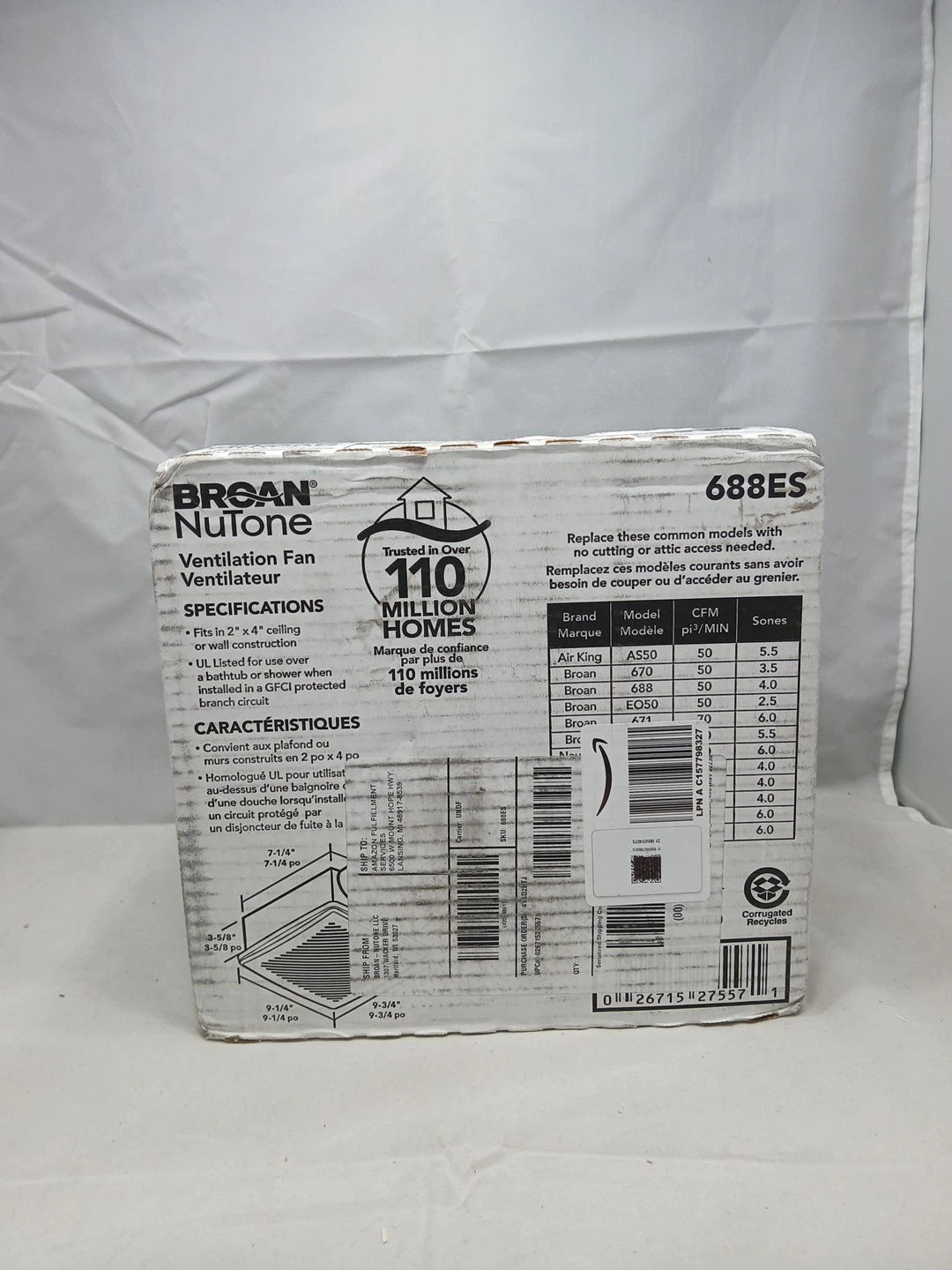 Broan Nutone 688ES 10 Minute Install 50 CFM Ventilation Fan..