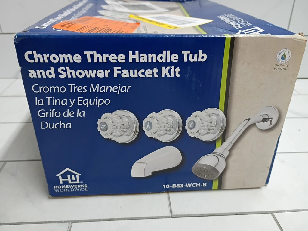 10-B83-WCH-B Chrome Finish Three-Handle Tub and Shower Faucet Set New Open Box