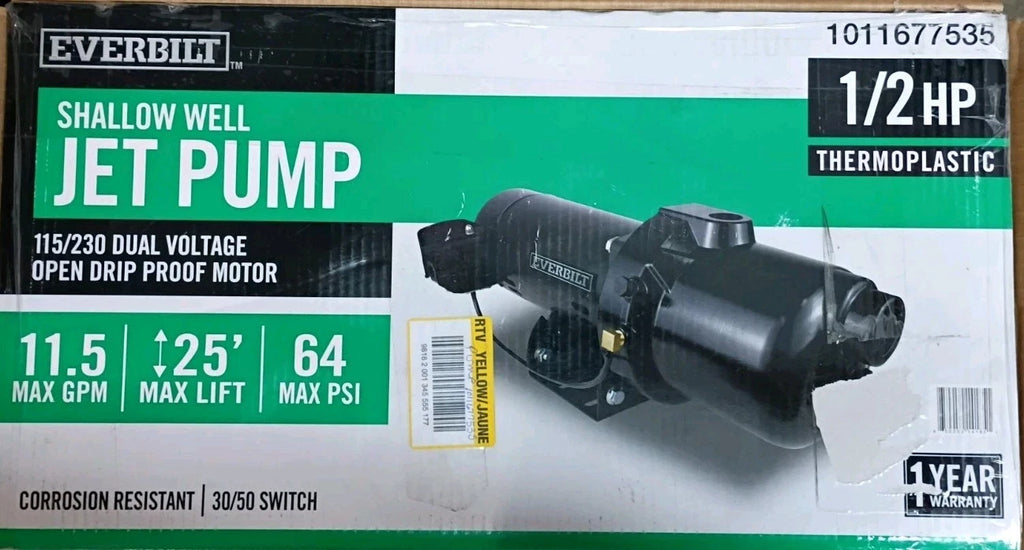 1/2 HP Everbilt Shallow Well Jet Pump Dual Voltage HDSWJ5P 25’ Lift 11.5 GPM OB