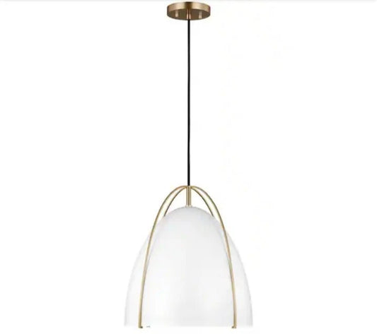Norman 1-Light Satin Brass Modern Industrial Pendant with White Metal Shade OB