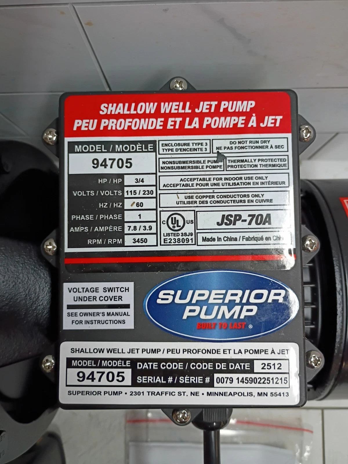 Superior Pump 94105 1HP Shallow Well Jet Pump Used Read