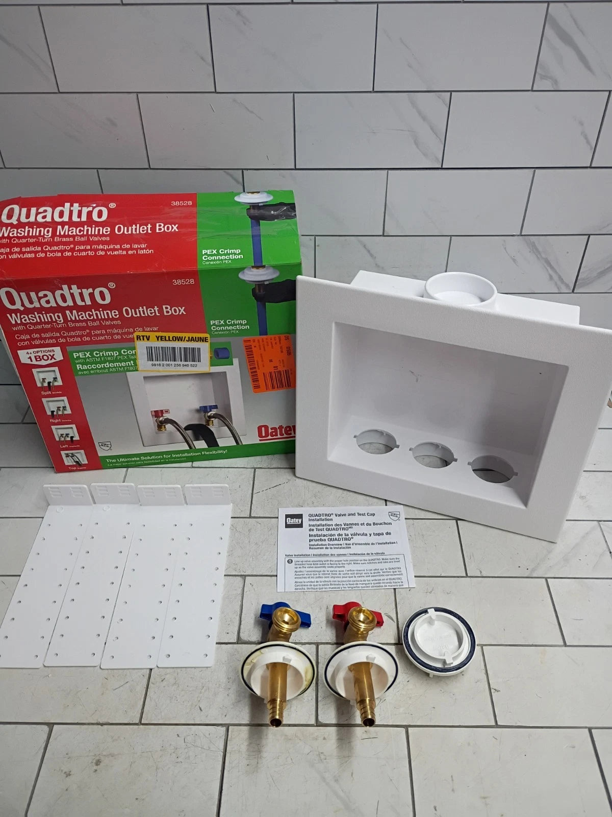 Oatey Quadtro Washing Machine Outlet Box pex crimp 1/4" Turn x 2" Hub 38528. OB