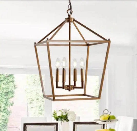 Pagoda 16 in. 4-Bulb Antique Gold Lantern Metal LED Pendant Open Box