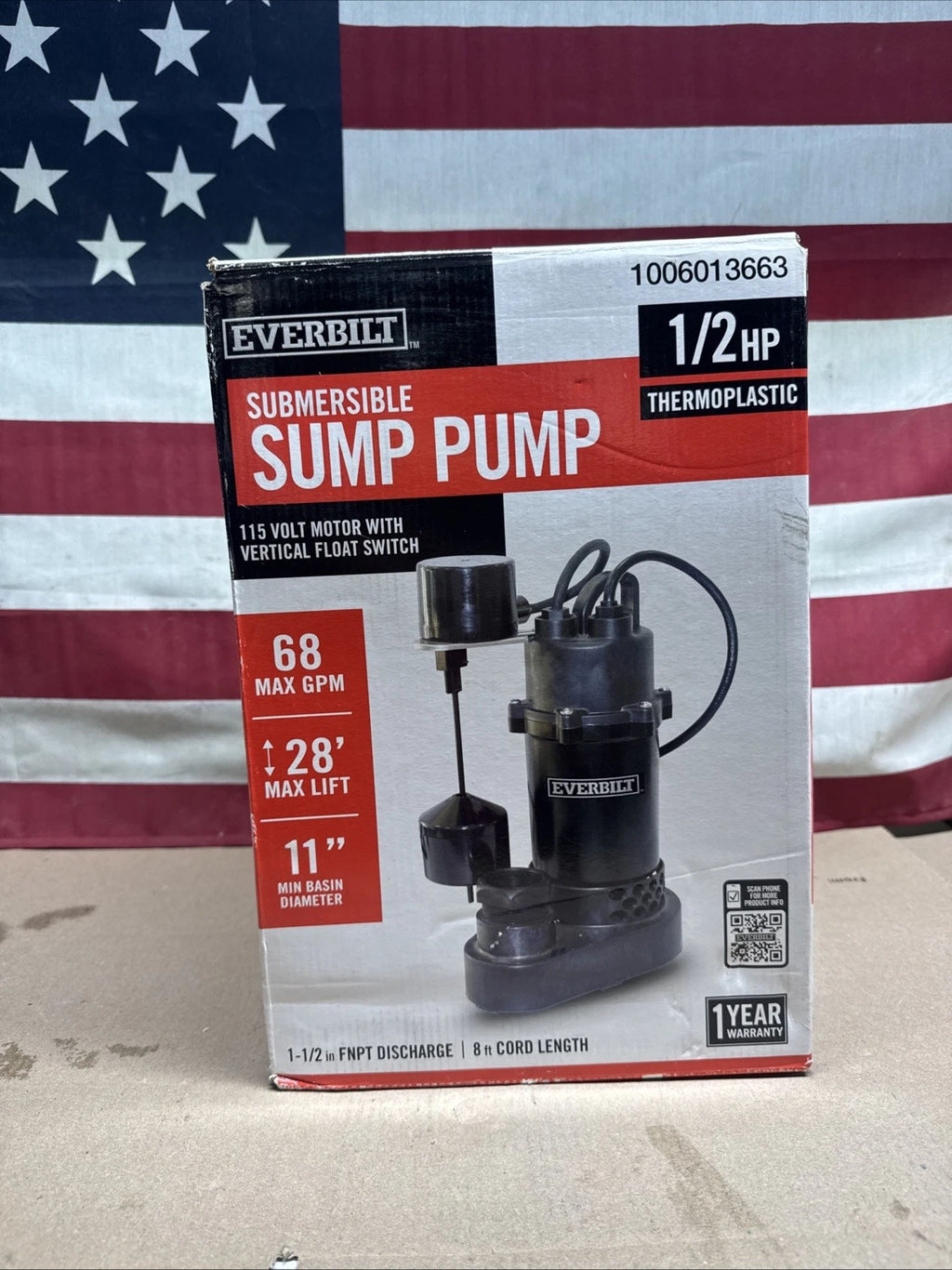 Everbilt HDSP50V 1/2 HP Submersible Sump Pump Thermoplastic Vertical., Open Box.