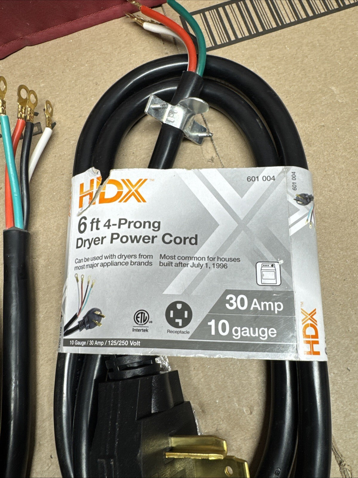 2pck HDX HD#601-004 6 ft. 10/4 30 Amp 4-Prong Dryer Power Cord