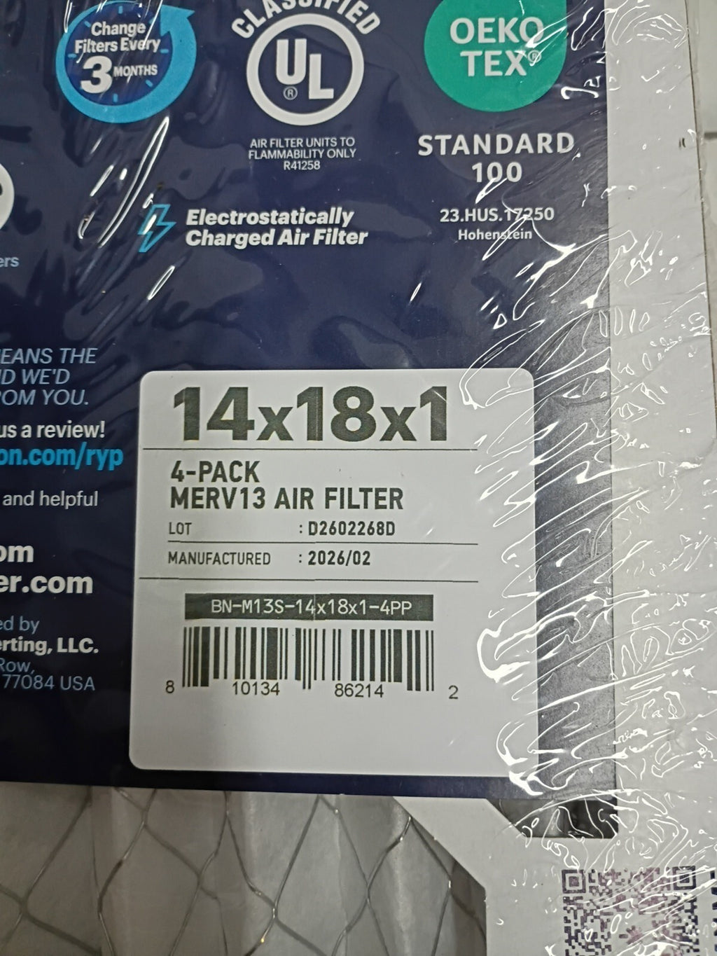 MERV 13 14x18x1 Electrostatic Air Filters 4-Pack for HVAC  AC Systems Open Box