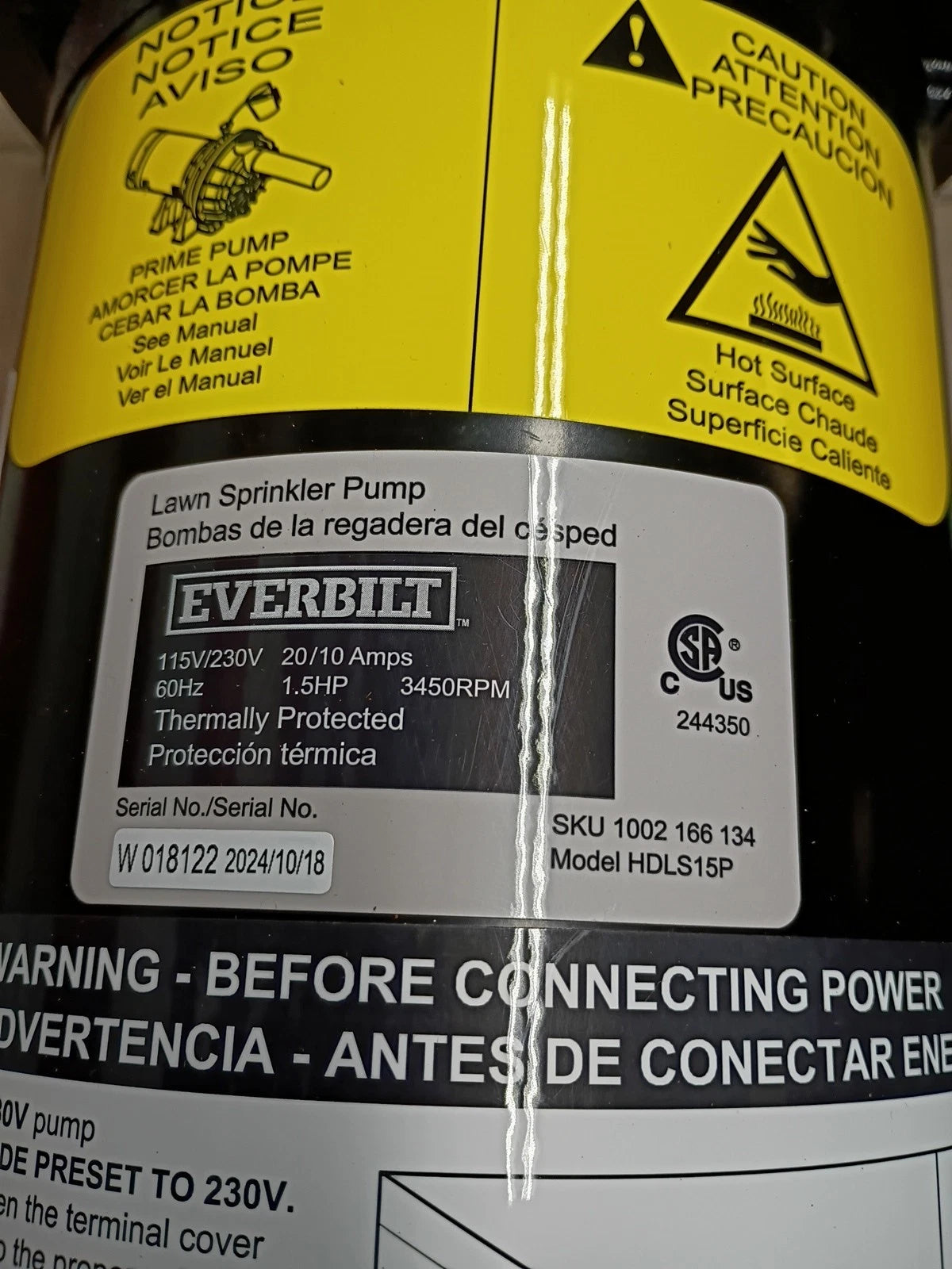 Everbilt HDLS15P, Lawn Irrigation Pump Plastic 1-1/2HP 52 GPM 40 PSI, OPEN BOX,