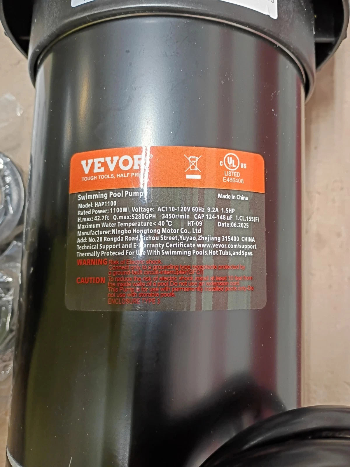 VEVOR HAP1100, Swimming Pool Pump, 1.5 HP 115 V, 1100W Single Speed Pump, OB,