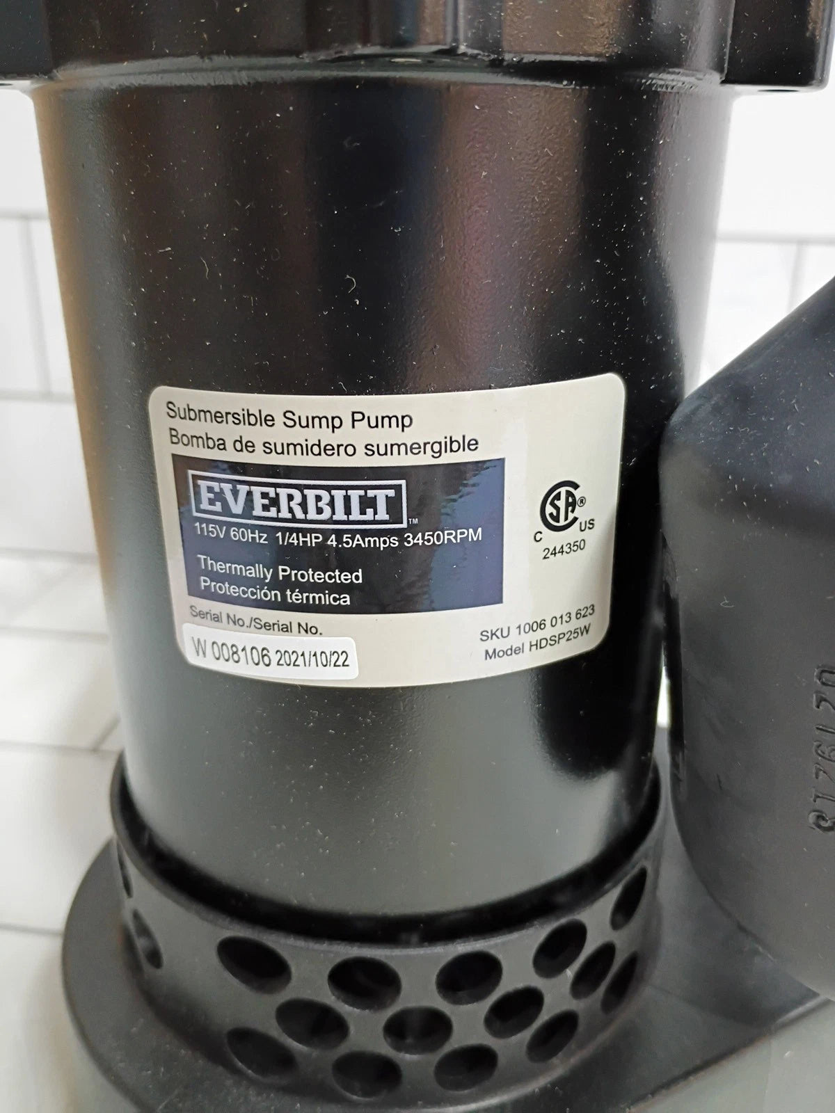 Everbilt HDSP25W 1/4 HP Aluminum Sump Pump Tether Switch Open Box