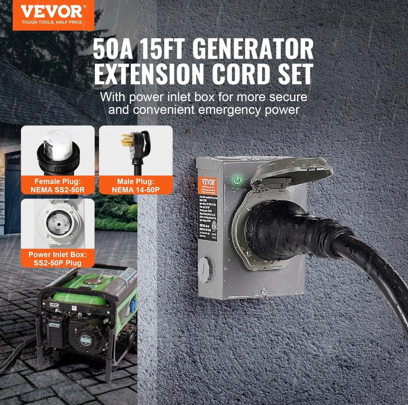 VEVOR 50 Amp Generator Cord and Power Inlet Box 15FT, NEMA 14-50P/SS2-50R STW
