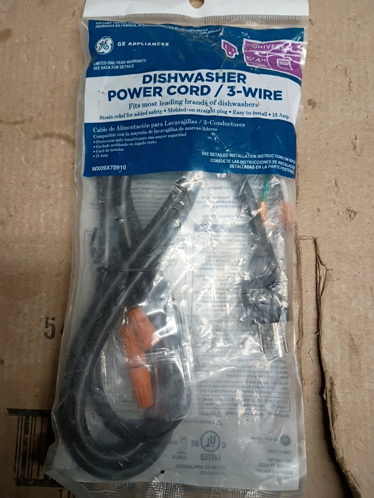 8-PK GE WX09X70910, Universal 3-wire dishwasher power cord 5' 4"ft NEW