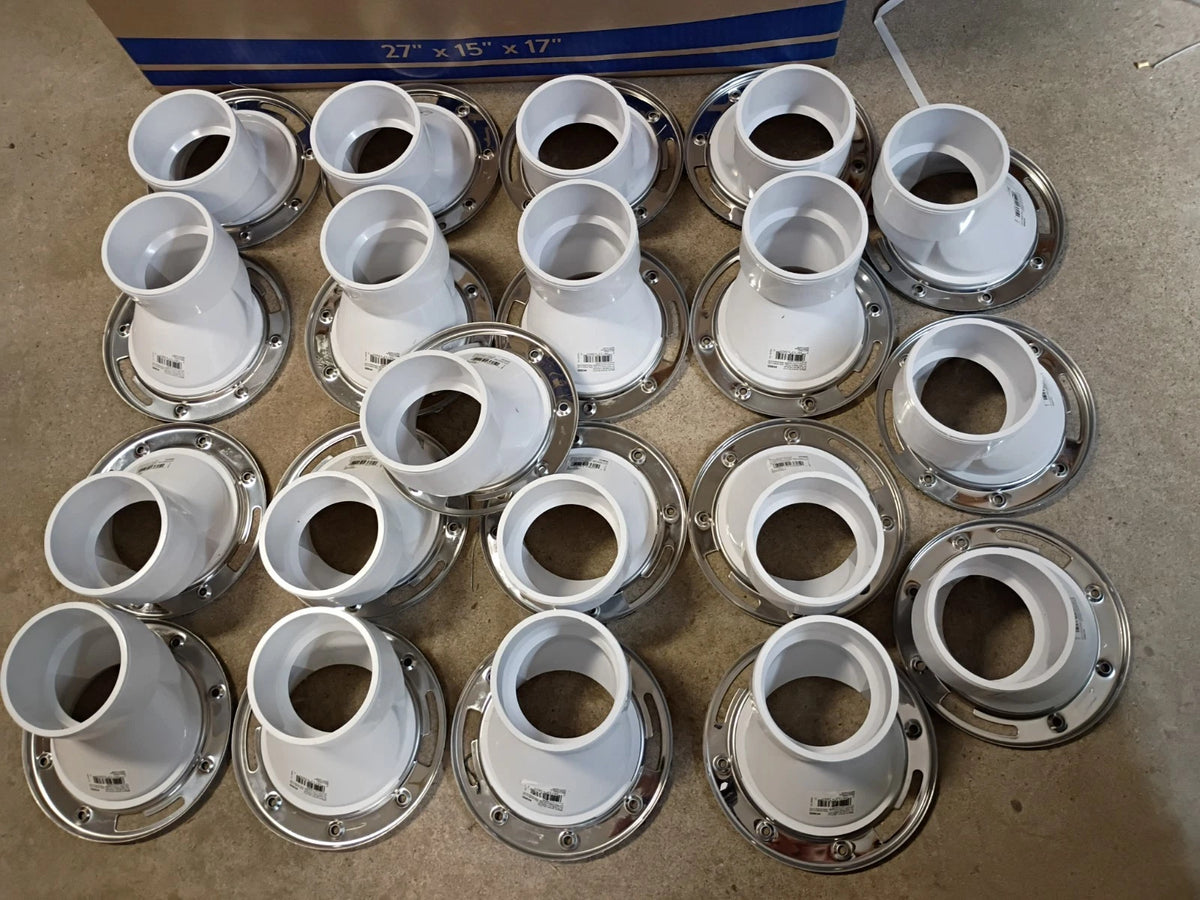20PK Oatey 43605, 3" PVC Open Offset Toilet Flange with Stainless Steel Ring.
